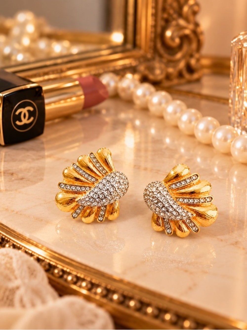 Butler Gold Crystal Shell Fan Clip-On Earrings